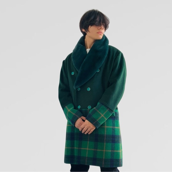 Men's Manzini Solid Green | Plaid Faux Fur Casual Overcoat NWT - Picture 3 of 9